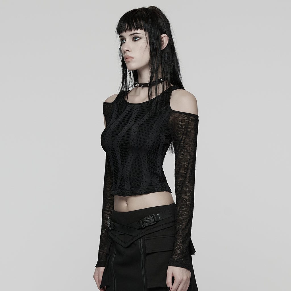 PUNK RAVE Women's Punk Mesh Splice Ruched Off-shoulder Top