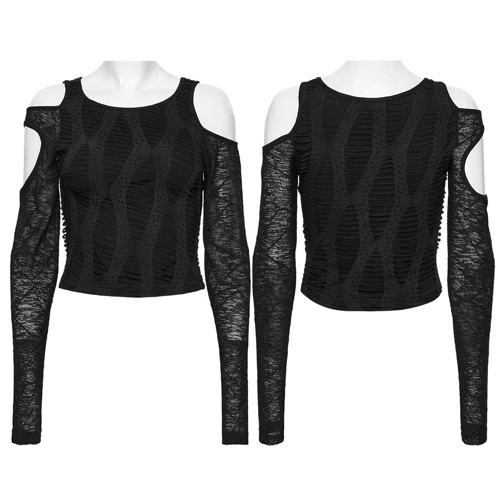 PUNK RAVE Women's Punk Mesh Splice Ruched Off-shoulder Top