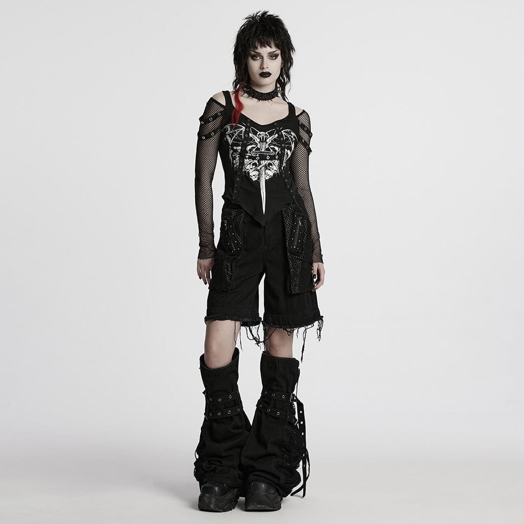 PUNK RAVE Women's Punk Mesh Splice Unedged Detachable Pants