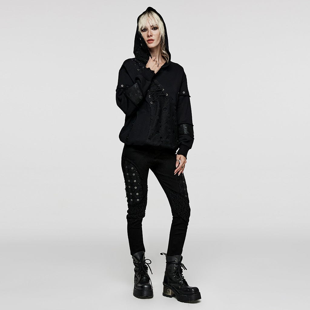 PUNK RAVE Women's Punk Mesh Splice Unedged Hoodies