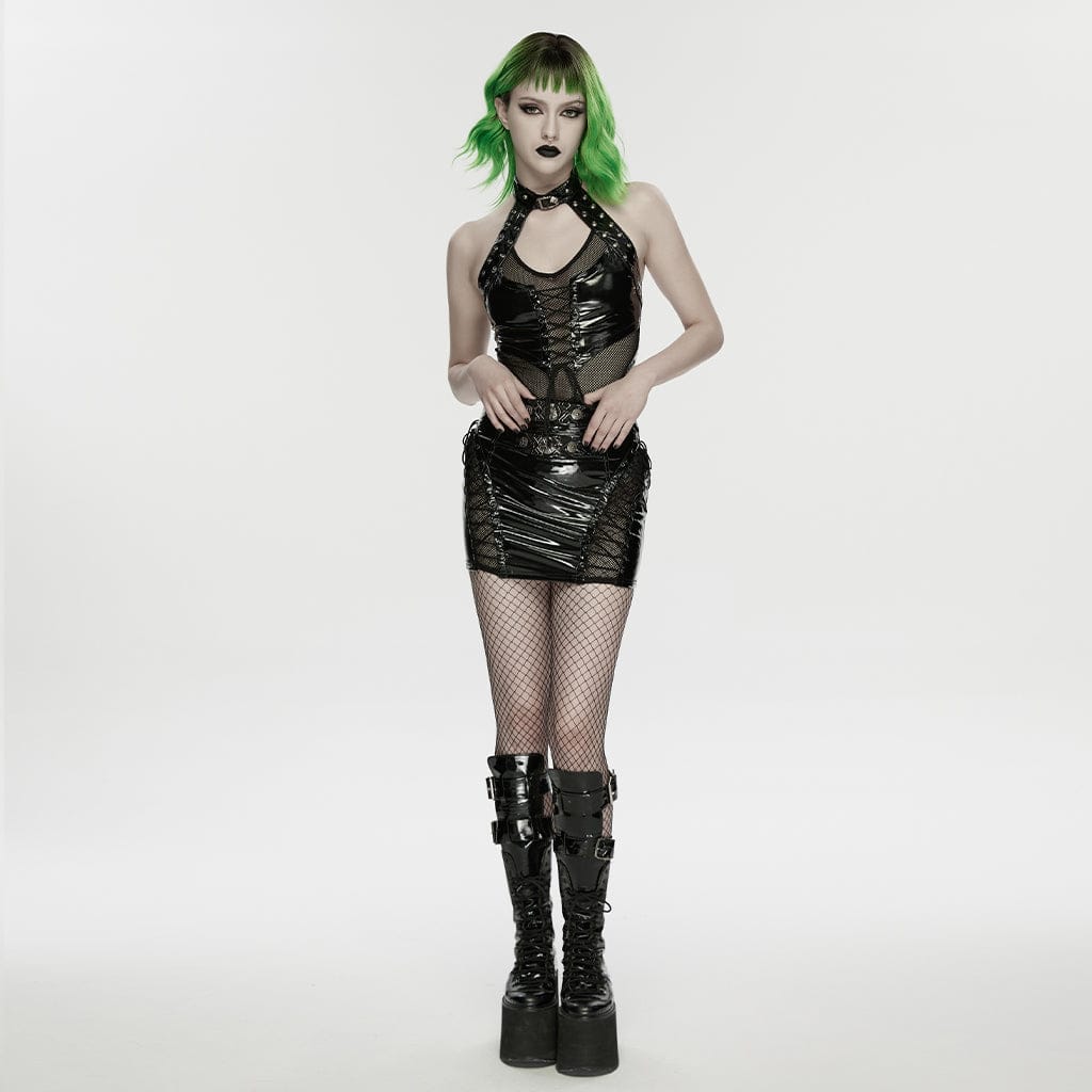 PUNK RAVE Women's Punk Mesh Splice Zip Skirt