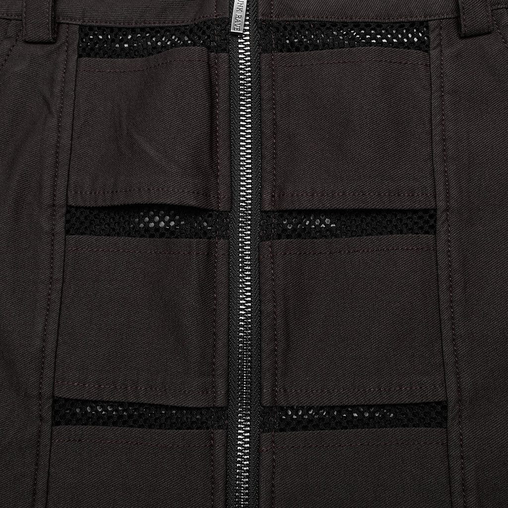 PUNK RAVE Women's Punk Mesh Splice Zipper Skirt Coffee