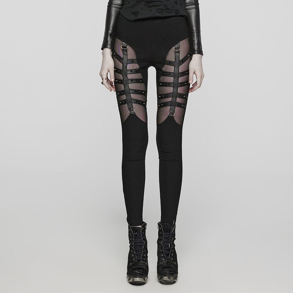 PUNK RAVE Women's Punk Mesh Strappy Stud Leggings