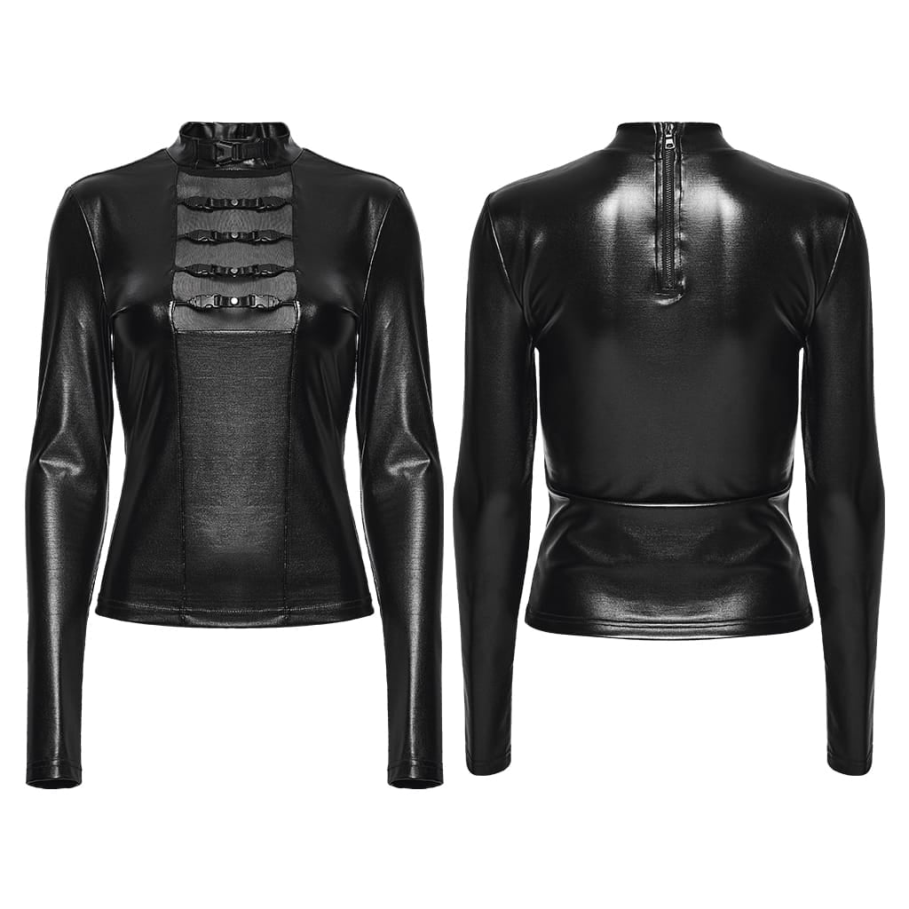 PUNK RAVE Women's Punk Mock Neck Mesh Splice Multi Buckle Strap Long Sleeve Top