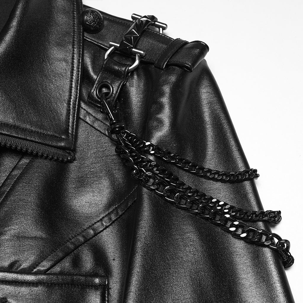 PUNK RAVE Women's Punk Multi Pockets Chained Turn-down Collar Jacket