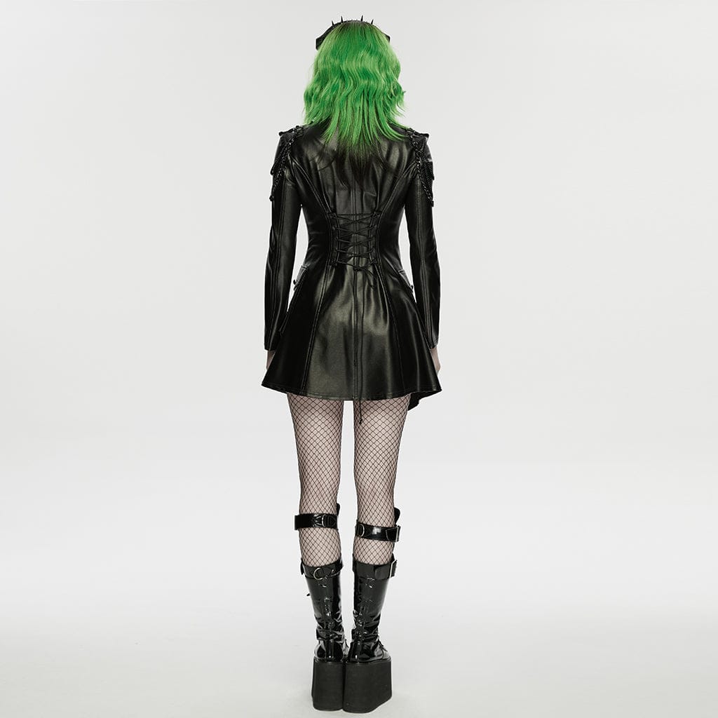 PUNK RAVE Women's Punk Multi Pockets Chained Turn-down Collar Jacket