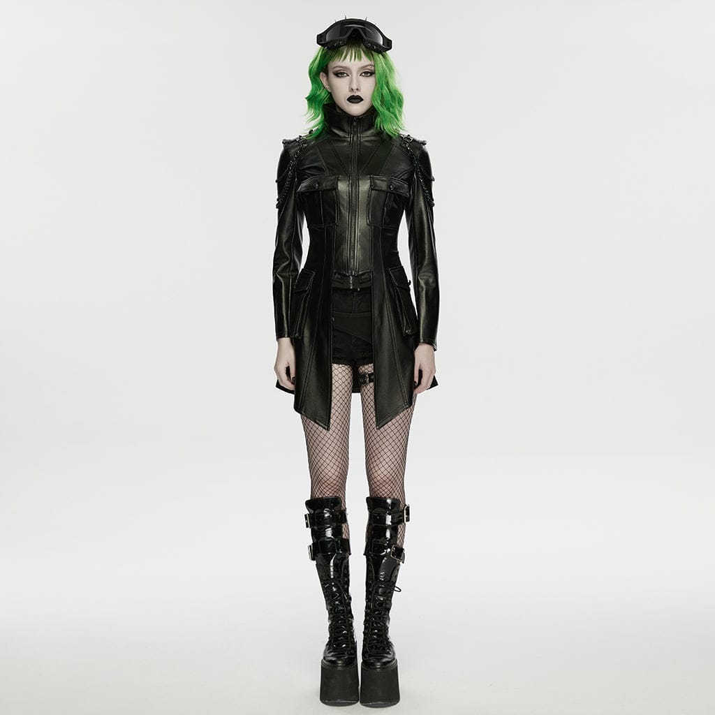 PUNK RAVE Women's Punk Multi Pockets Chained Turn-down Collar Jacket