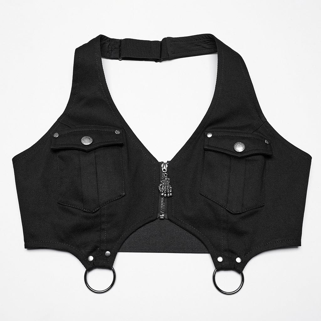 PUNK RAVE Women's Punk Multi-pockets Halterneck Tank Top with Skirt