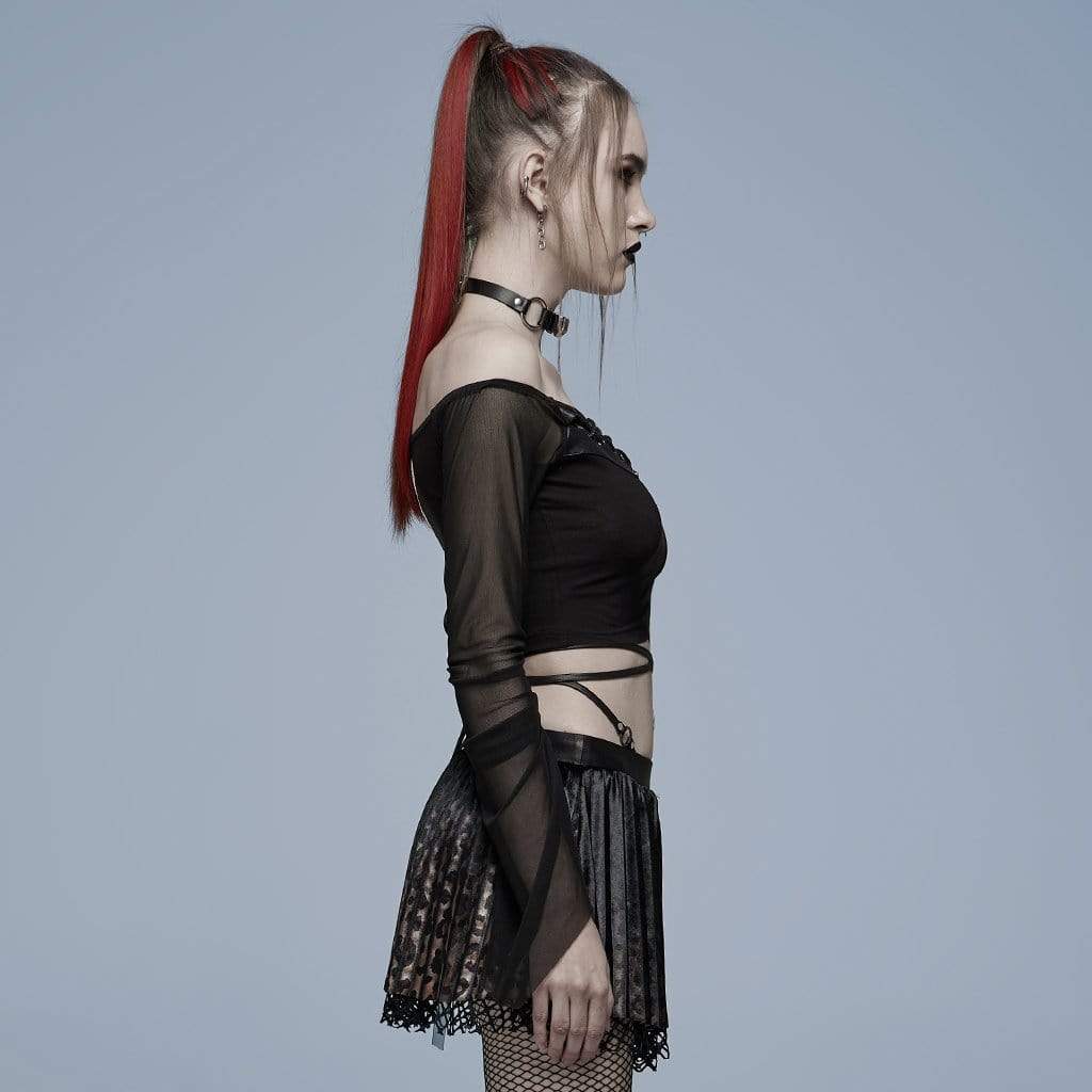 PUNK RAVE Women's Punk Off Shoulder Drawstring Mesh Top(Chain not included)
