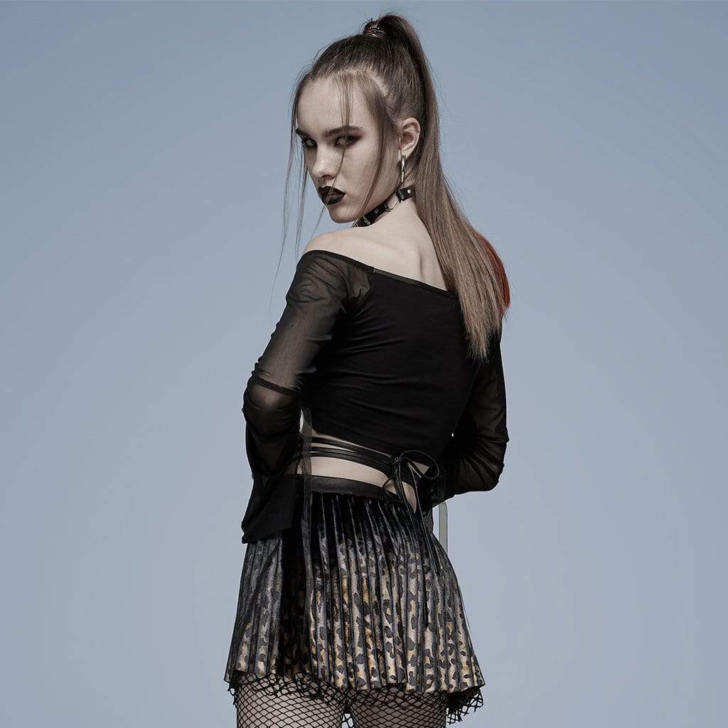 PUNK RAVE Women's Punk Off Shoulder Drawstring Mesh Top(Chain not included)