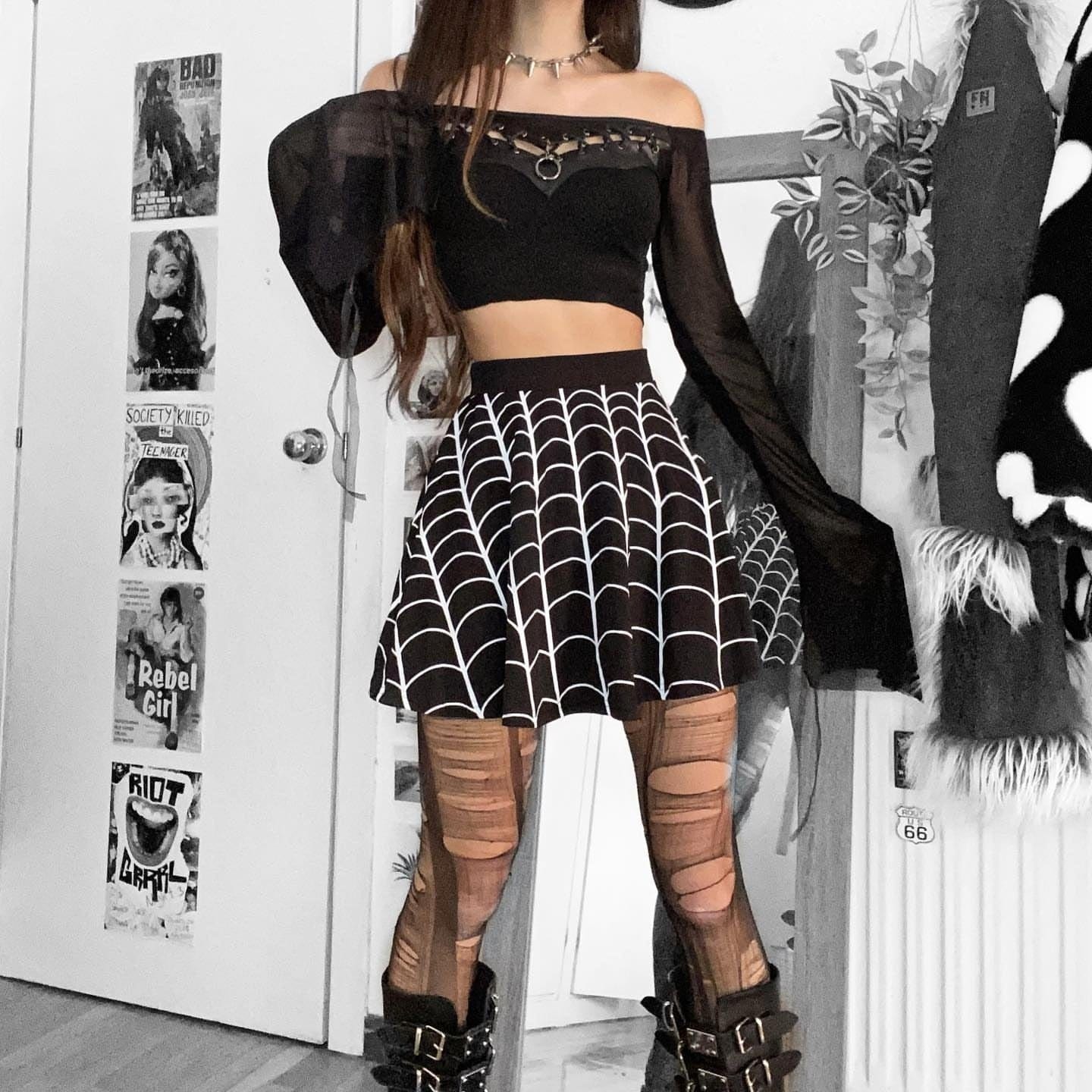 PUNK RAVE Women's Punk Off Shoulder Drawstring Mesh Top(Chain not included)