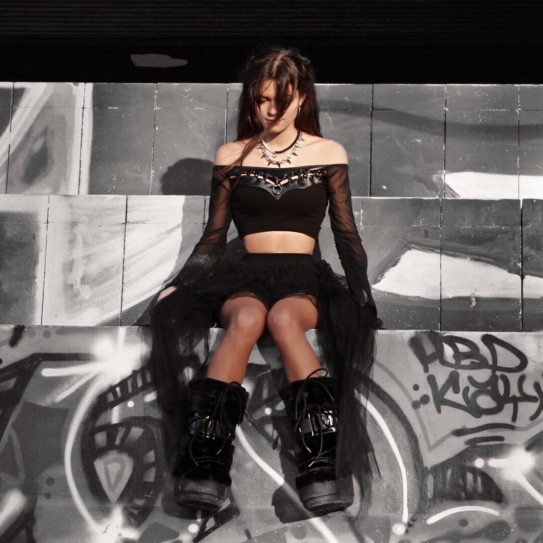 PUNK RAVE Women's Punk Off Shoulder Drawstring Mesh Top(Chain not included)