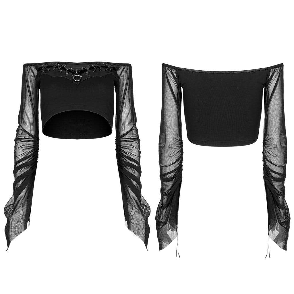 PUNK RAVE Women's Punk Off Shoulder Drawstring Mesh Top(Chain not included)