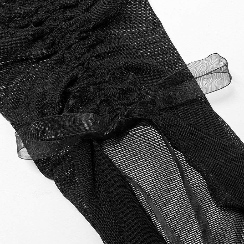 PUNK RAVE Women's Punk Off Shoulder Drawstring Mesh Top(Chain not included)