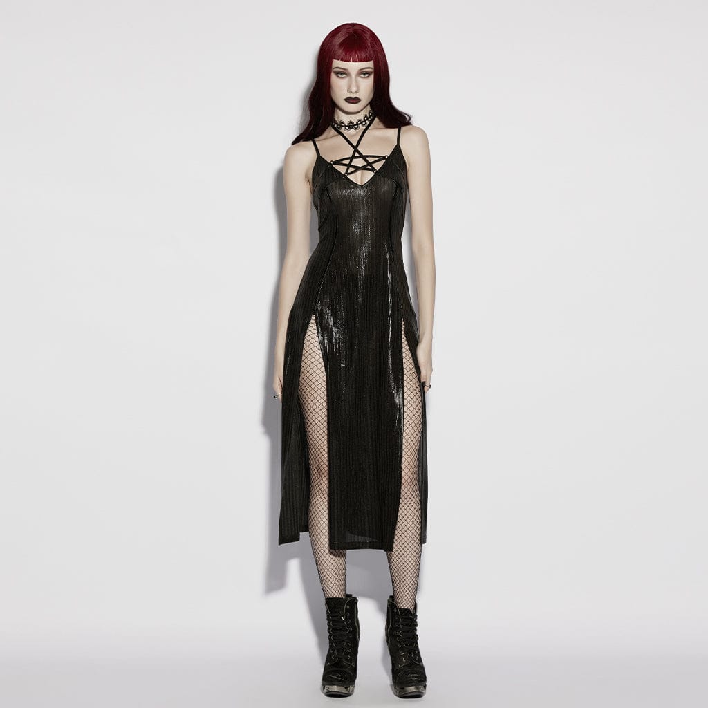 PUNK RAVE Women's Punk Pentacle Side Slit Slip Dress Black