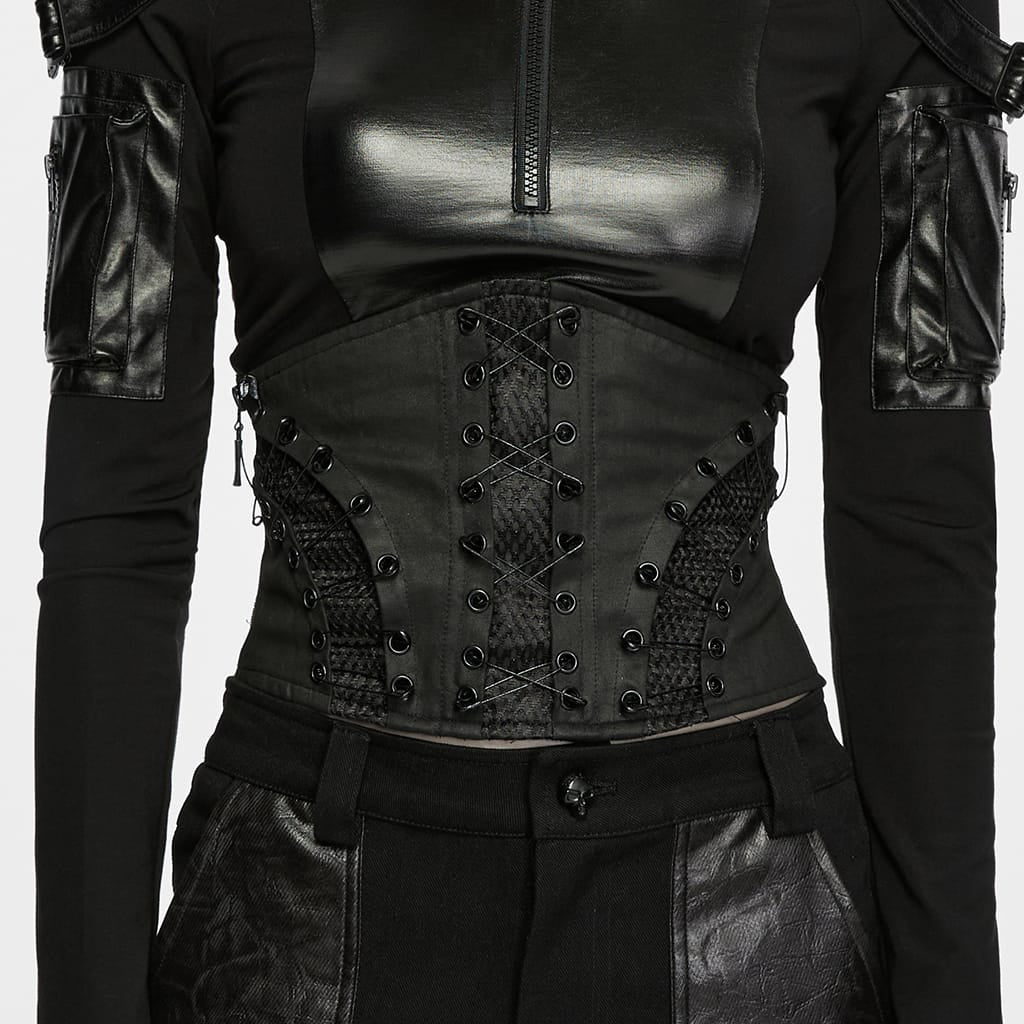 PUNK RAVE Women's Punk Pin Side Zipper Lace-up Underbust Corset