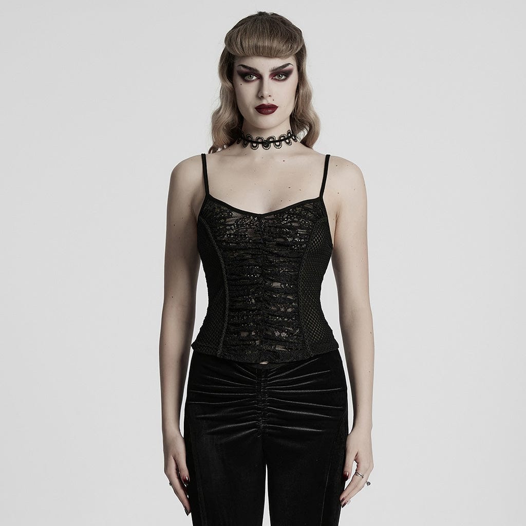 PUNK RAVE Women's Punk Plunging Lace Splice Tank Top