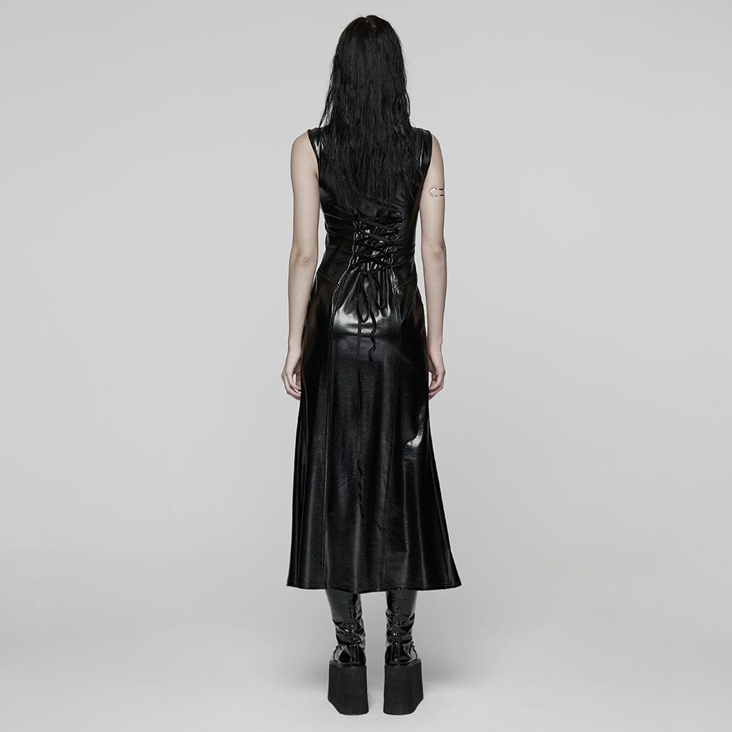 PUNK RAVE Women's Punk Plunging Split Lace-up Dress