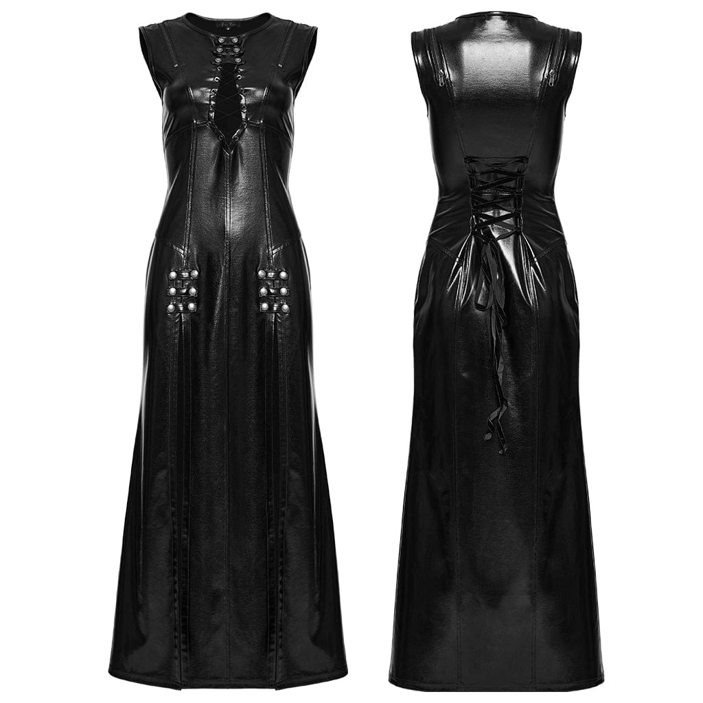 PUNK RAVE Women's Punk Plunging Split Lace-up Dress