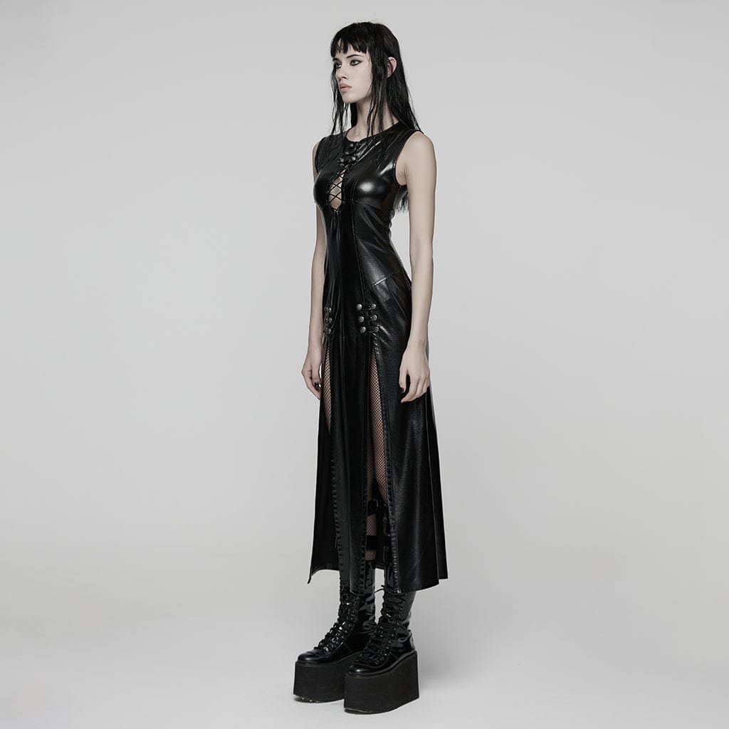 PUNK RAVE Women's Punk Plunging Split Lace-up Dress
