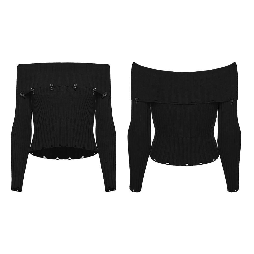 PUNK RAVE Women's Punk Raven Skull Embellished Off Shoulder Ribbed Sweater