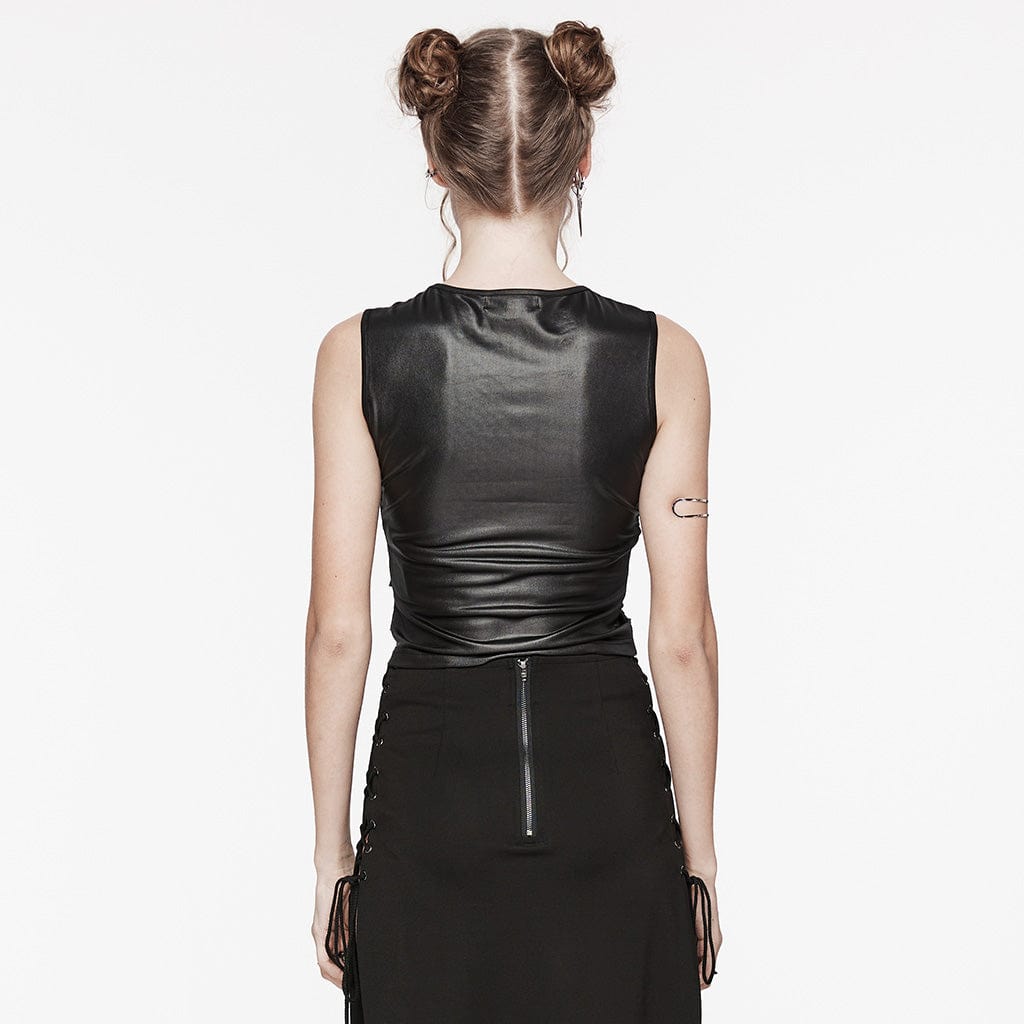 PUNK RAVE Women's Punk Ribbed Mesh Splice Tank Top