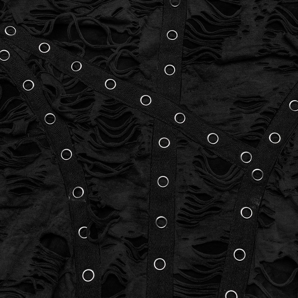 PUNK RAVE Women's Punk Ripped Eyelet Irregular Slip Dress Black