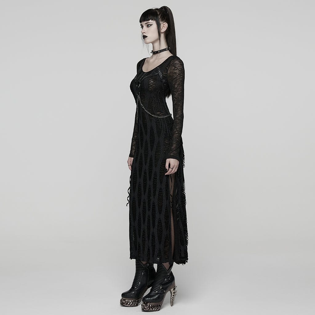 PUNK RAVE Women's Punk Ripped Eyelet Strap Chian Slit Dress