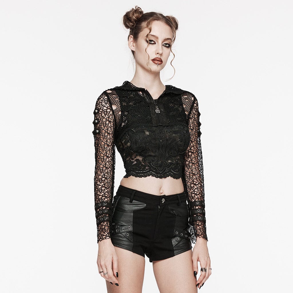 PUNK RAVE Women's Punk Ripped Faux Leather Splice Mesh Jacket with Hood