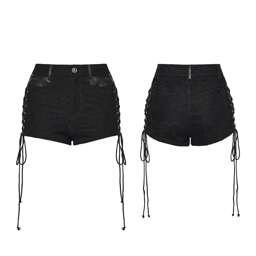 PUNK RAVE Women's Punk Ripped Mesh Lace-up Shorts