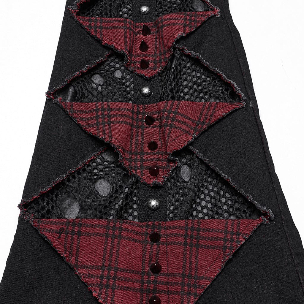 PUNK RAVE Women's Punk Ripped Mesh Splice Plaid Patch Flared Pants