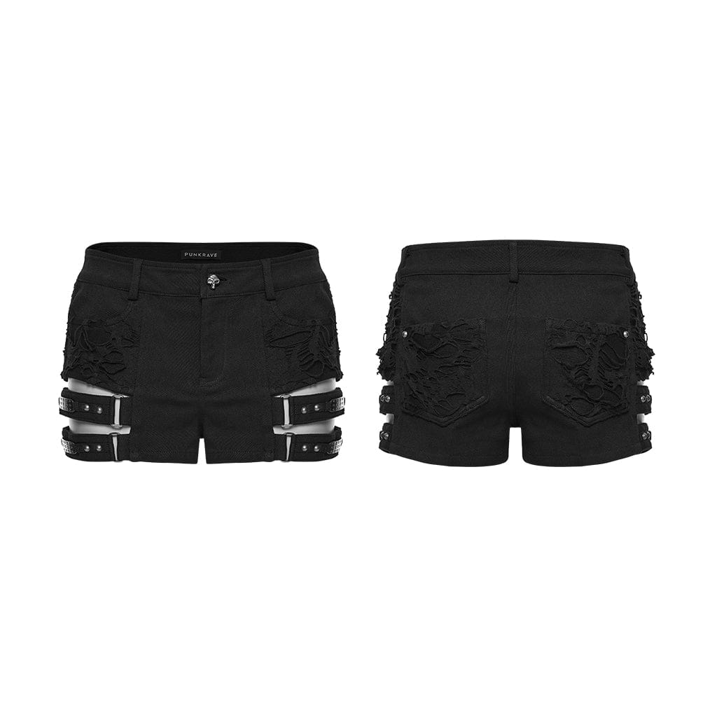 PUNK RAVE Women's Punk Ripped Rivet Straps Shorts