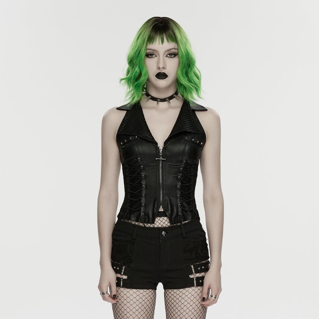 PUNK RAVE Women's Punk Ripped Rivet Straps Shorts
