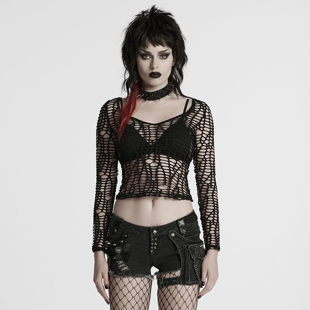 PUNK RAVE Women's Punk Ripped Sheer Mesh T-shirt