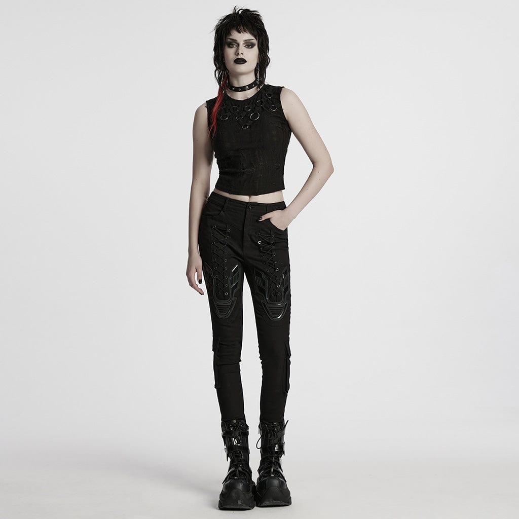 PUNK RAVE Women's Punk Ripped Strap Splice Tank Top