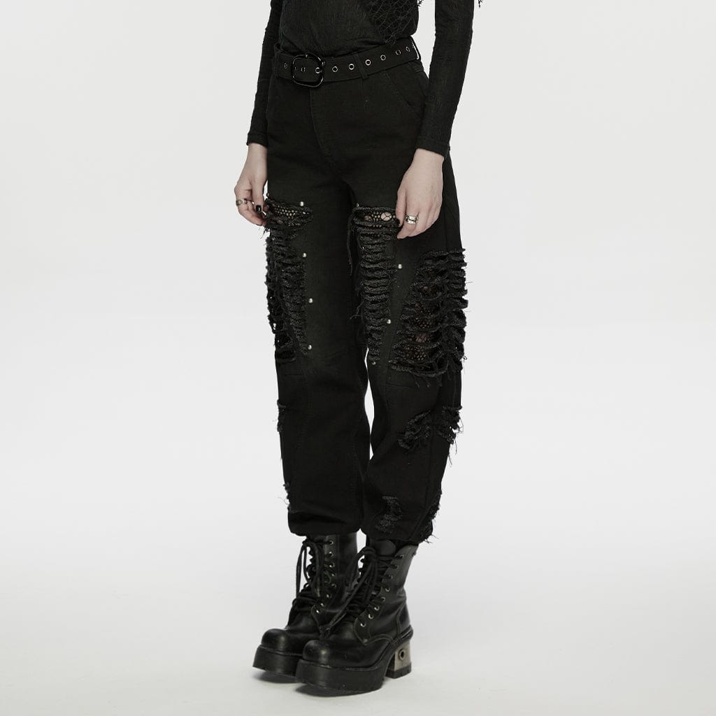 PUNK RAVE Women's Punk Ripped Unedged Decadent Denim Pants