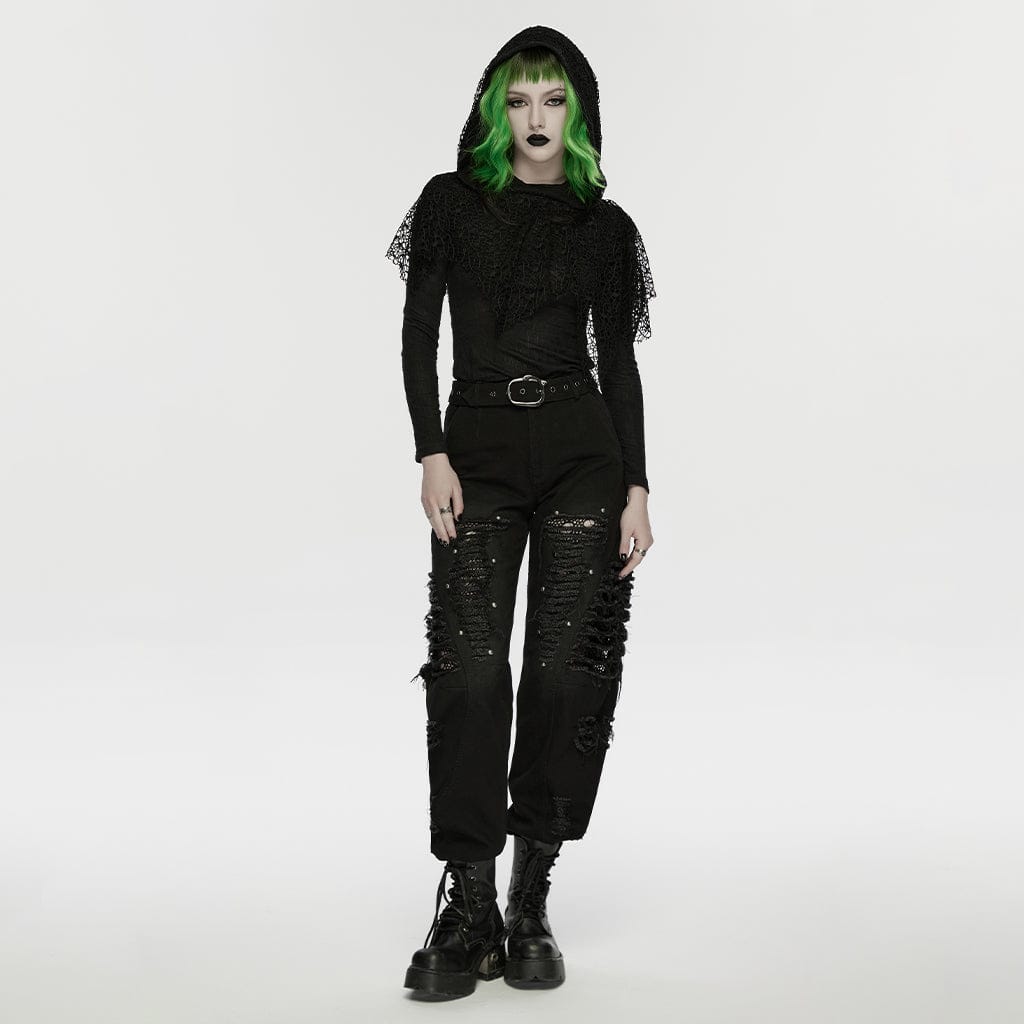 PUNK RAVE Women's Punk Ripped Unedged Decadent Denim Pants