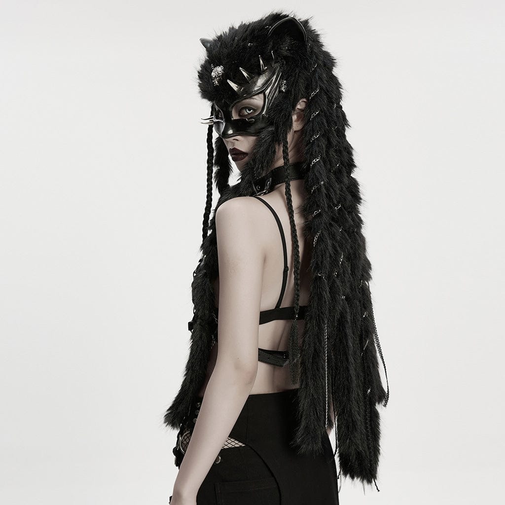 PUNK RAVE Women's Punk Rivet&Skull Fox-headed Braided Hood