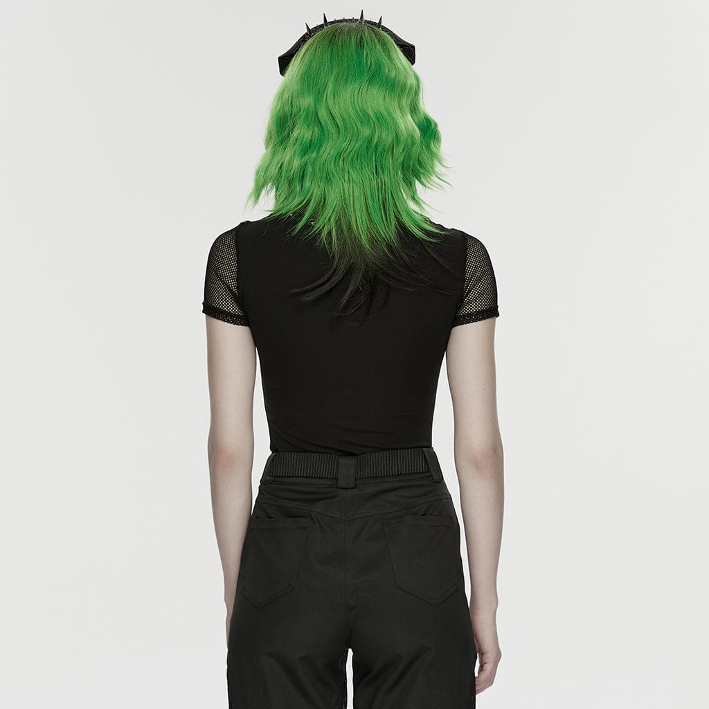 PUNK RAVE Women's Punk Rivets&Eyelets Cage Mesh Short Sleeved T-shirt