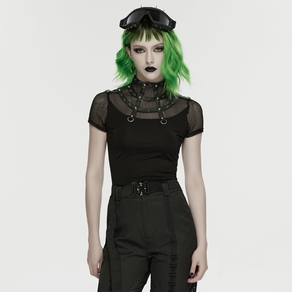PUNK RAVE Women's Punk Rivets&Eyelets Cage Mesh Short Sleeved T-shirt