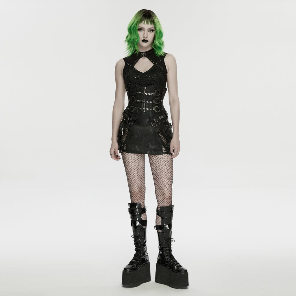 PUNK RAVE Women's Punk Rivets Handcuffs Chain Underbust Corset