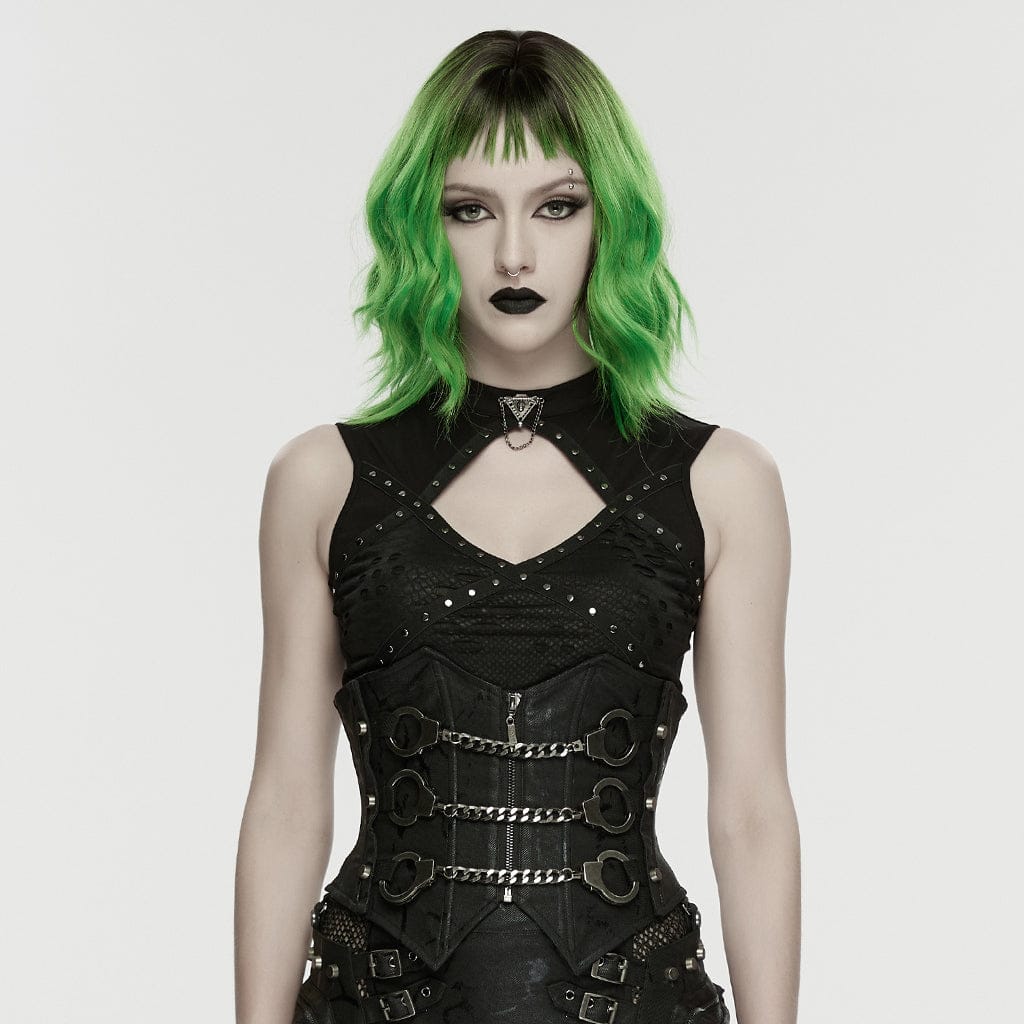 PUNK RAVE Women's Punk Rivets Handcuffs Chain Underbust Corset