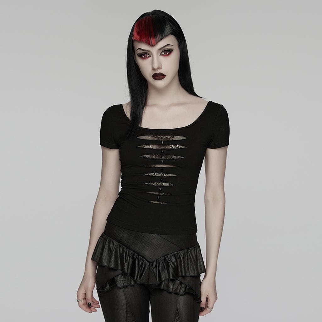PUNK RAVE Women's Punk Rivets Sheer Short Sleeved Tee