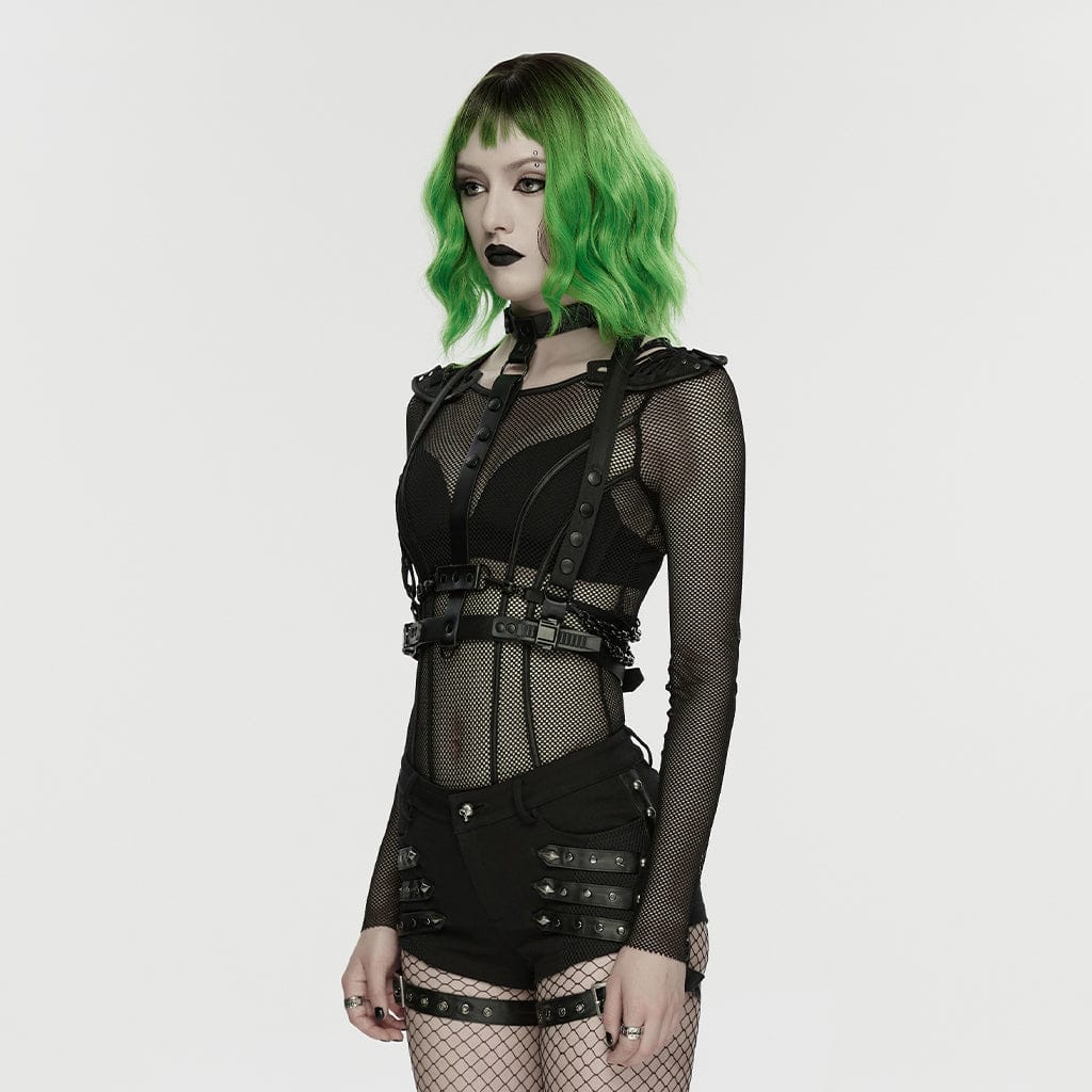 PUNK RAVE Women's Punk Rivets Shorts with Detachable Leg Harnesses