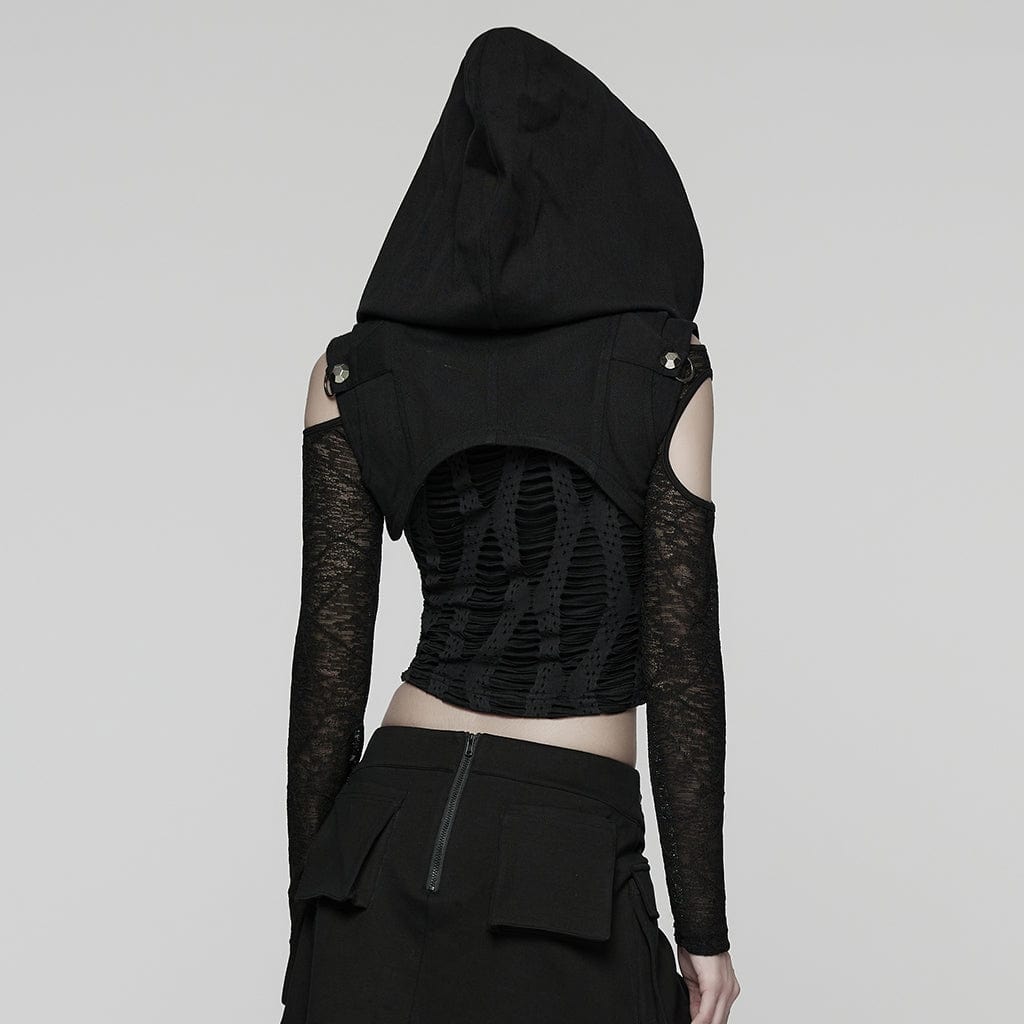 PUNK RAVE Women's Punk Ruched Zip Short Hooded Vest