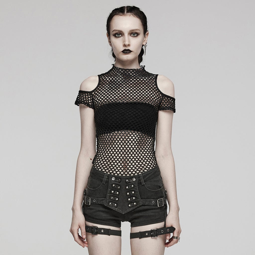 PUNK RAVE Women's Punk Sheer Cutout Mesh Top Black