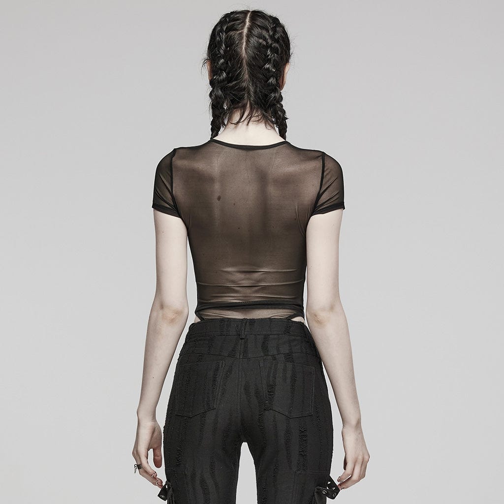 PUNK RAVE Women's Punk Sheer Stud Mesh Bodysuit