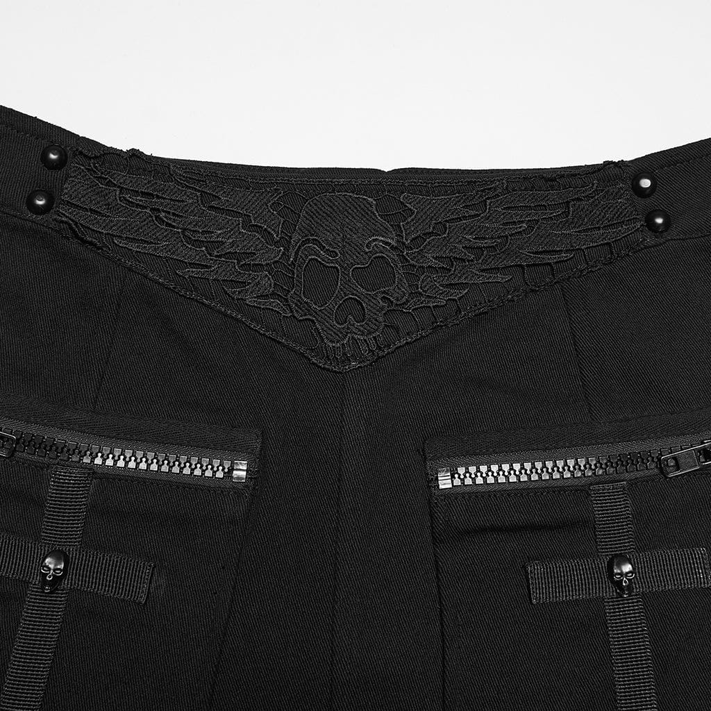 PUNK RAVE Women's Punk Skull Embroidered Big Pocket Skirt