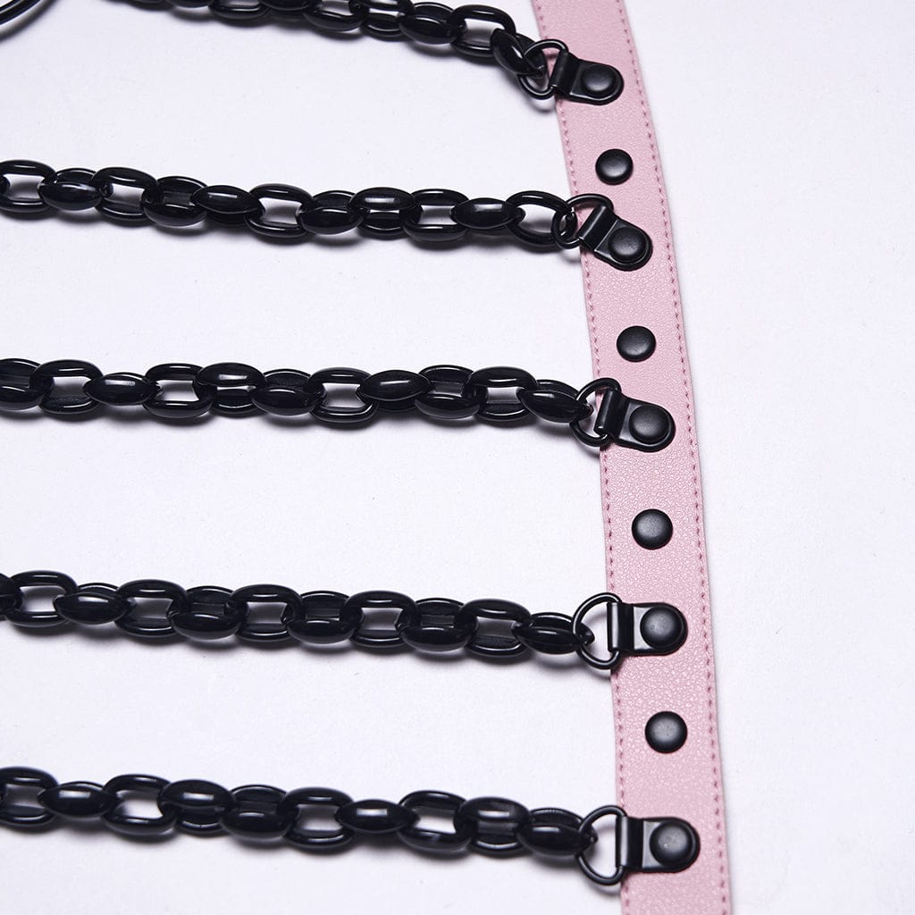 PUNK RAVE Women's Punk Skull Halterneck Chain Body Harness with Detachable Batwing Knot Black-Pink