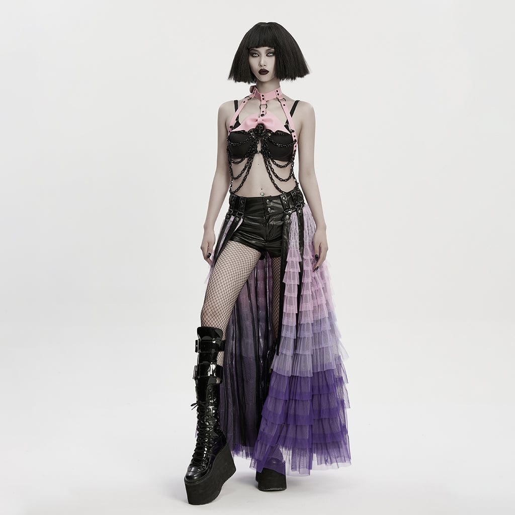 PUNK RAVE Women's Punk Skull Halterneck Chain Body Harness with Detachable Batwing Knot Black-Pink